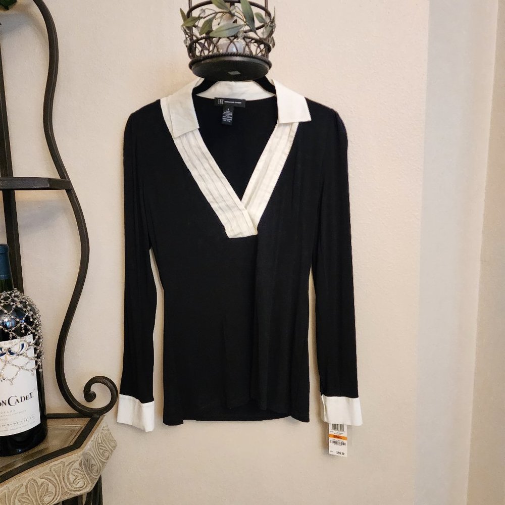 INC International Concepts Women's V- Neck T-shirt - Black w/ White Collar NWT